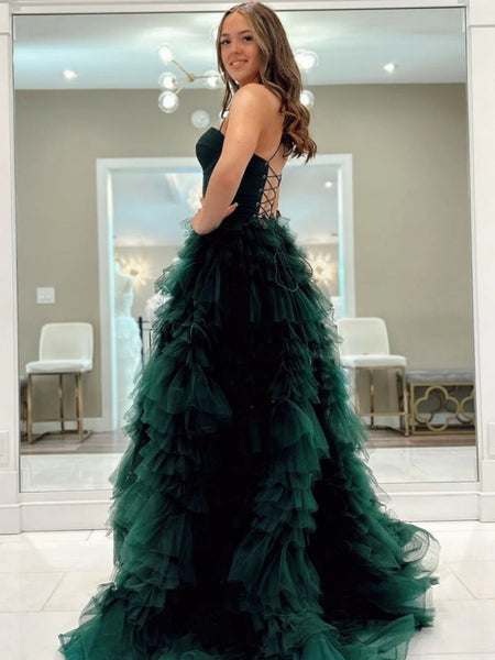 Spaghetti Straps Dark Green Layered Long Tulle Prom Dresses, Dark Green Layered Long Formal Dresses