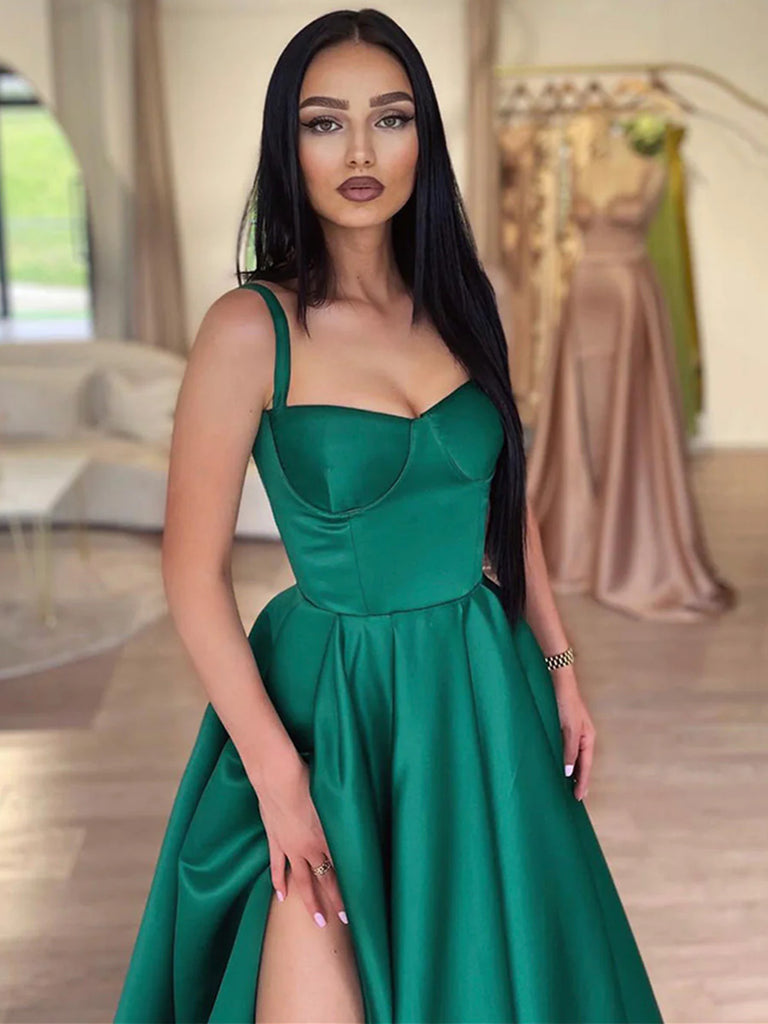 Spaghetti Straps Dark Green Long Satin Prom Dresses, Dark Green Long S jbydress Spaghetti Straps Dark Green Long Satin Prom Dresses, Dark Green Long S jbydress