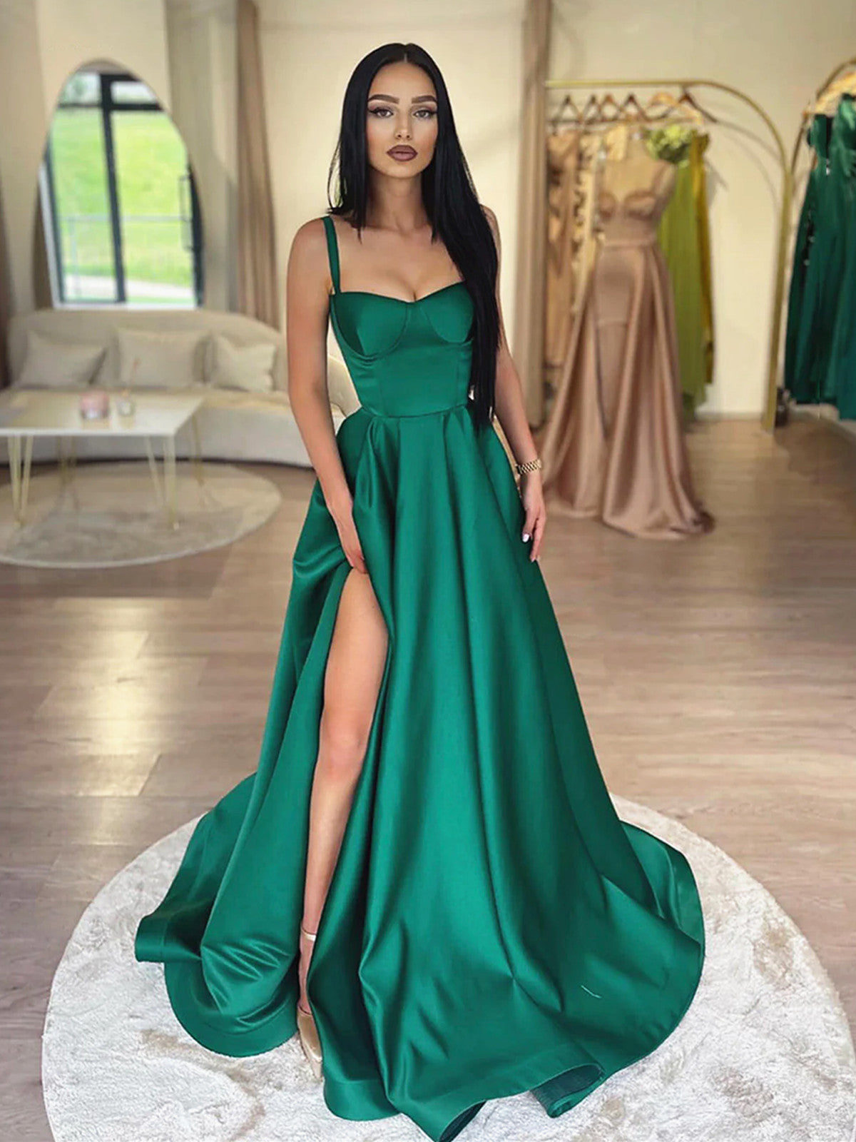 Spaghetti Straps Dark Green Long Satin Prom Dresses, Dark Green Long S –  jbydress