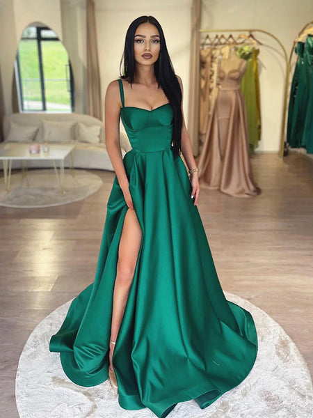 Spaghetti Straps Dark Green Long Satin Prom Dresses, Dark Green Long Satin Formal Evening Dresses
