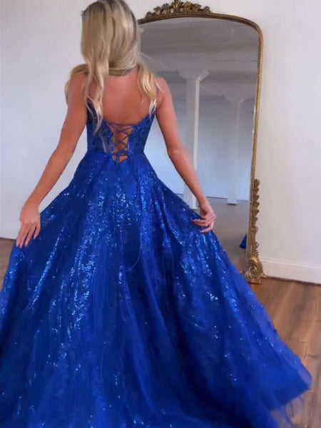 Spaghetti Straps Glitter Royal Blue Lace Prom Dresses, Royal Blue Lace Formal Evening Dresses
