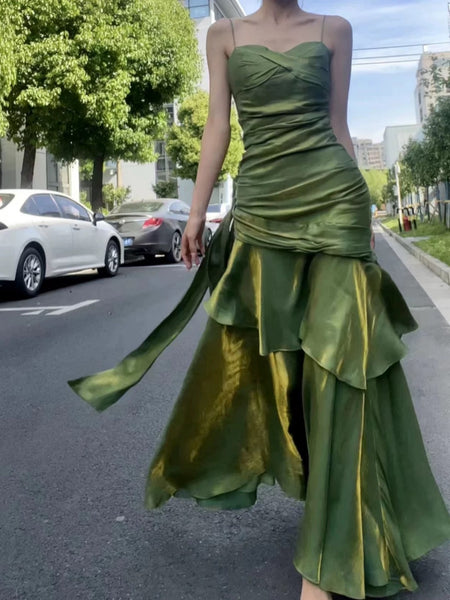 Spaghetti Straps Green Mermaid Long Prom Dresses, Emerald Green Long Mermaid Formal Dresses