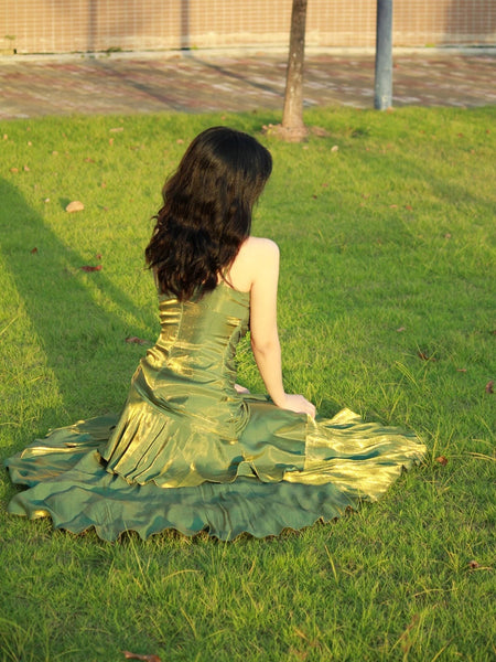 Spaghetti Straps Green Mermaid Long Prom Dresses, Emerald Green Long Mermaid Formal Dresses
