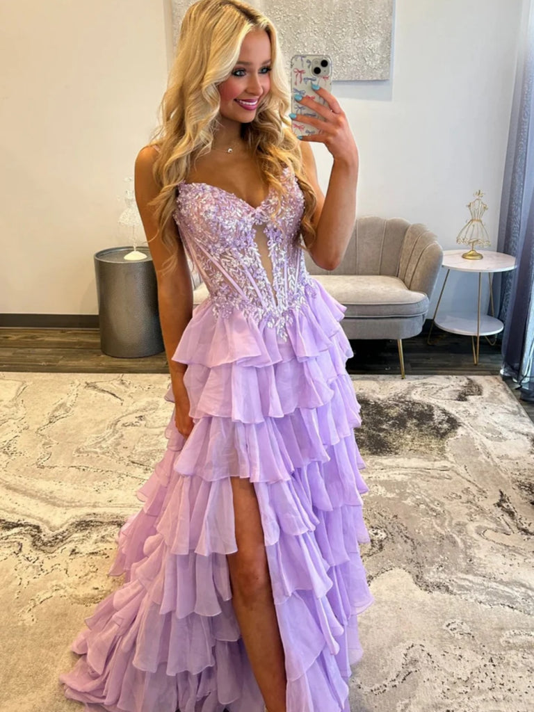 Spaghetti Straps Purple Layered Lace Prom Dresses, Lilac Layered Lace Formal Evening Dresses