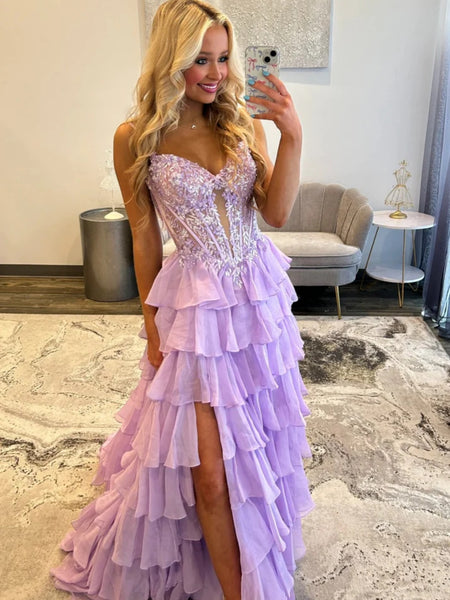 Spaghetti Straps Purple Layered Lace Prom Dresses, Lilac Layered Lace Formal Evening Dresses