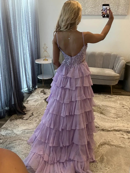 Spaghetti Straps Purple Layered Lace Prom Dresses, Lilac Layered Lace Formal Evening Dresses