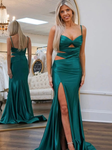 Spaghetti Straps Waist Cutout Mermaid Long Satin Prom Dresses, Blue Red Pink Green Black White Mermaid Formal Evening Dresses
