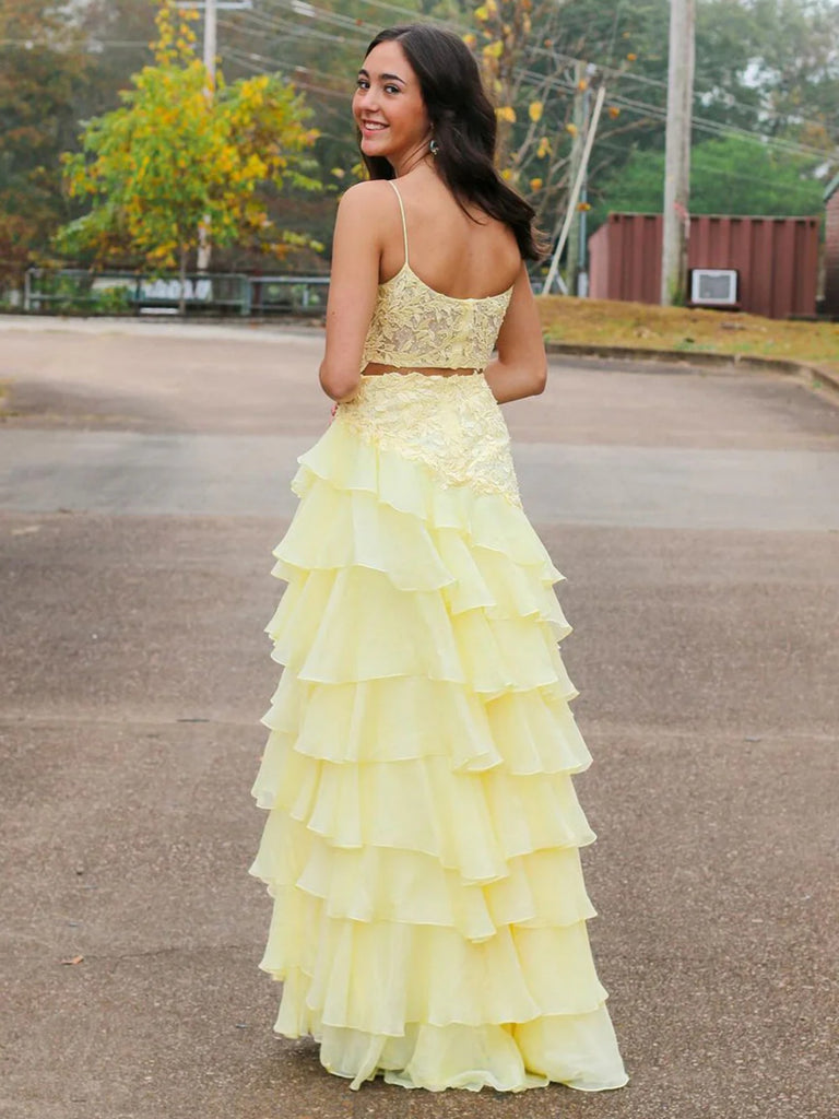 Spaghetti Straps Yellow Lace Layered Long Prom Dresses, Yellow Lace Me jbydress Spaghetti Straps Yellow Lace Layered Long Prom Dresses, Yellow Lace Me jbydress