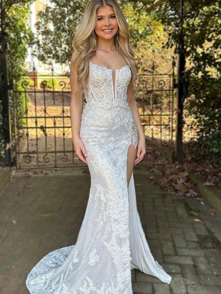 Sparkly Mermaid Burgundy White Mermaid Lace Prom Dresses, Sparkly Mermaid Formal Evening Dresses