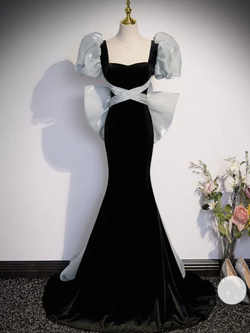 Square Neck Black Mermaid Long Prom Dresses, Short Sleeves Black Mermaid Long Formal Dresses