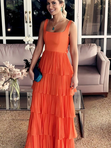 Square Neck Orange Chiffon Long Prom Dresses, Orange Chiffon Long Formal Evening Dresses