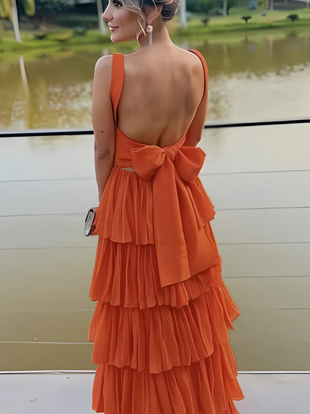Square Neck Orange Chiffon Long Prom Dresses, Orange Chiffon Long Formal Evening Dresses