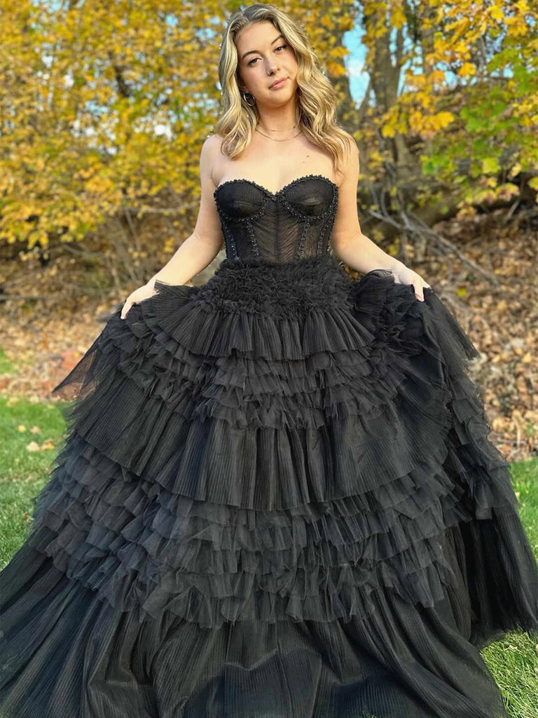 Strapless Black Ruffles Layered Long Prom Dresses, Black Layered Long jbydress Strapless Black Ruffles Layered Long Prom Dresses, Black Layered Long jbydress