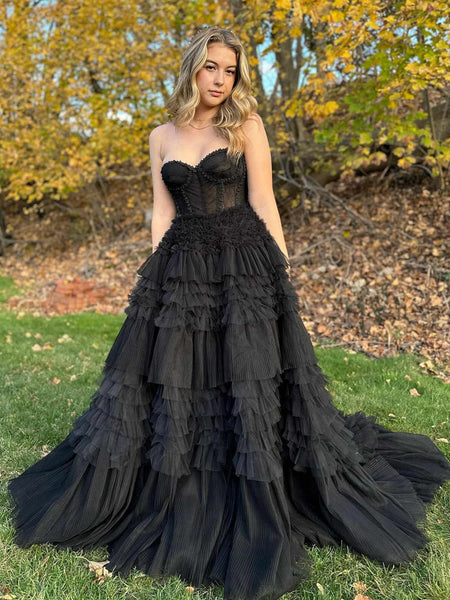 Strapless Black Ruffles Layered Long Prom Dresses, Black Layered Long Formal Evening Dresses