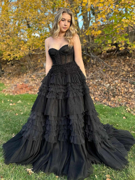 Strapless Black Ruffles Layered Long Prom Dresses, Black Layered Long