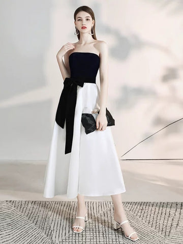 Strapless Black White Tea Length Wedding Dresses, Black White Tea Length Formal Engagement Dresses