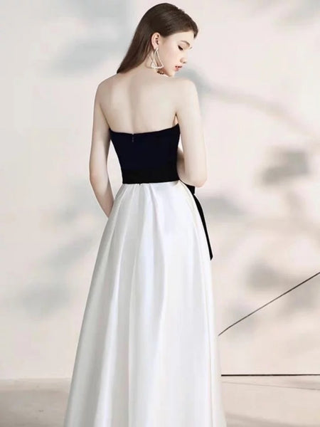 Strapless Black White Tea Length Wedding Dresses, Black White Tea Length Formal Engagement Dresses