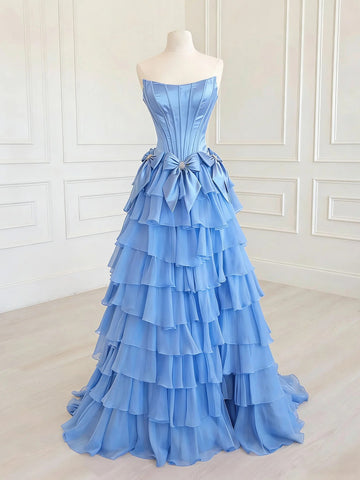 Strapless Blue Satin Chiffon Long Prom Dresses with Bow, Blue Long Formal Evening Dresses