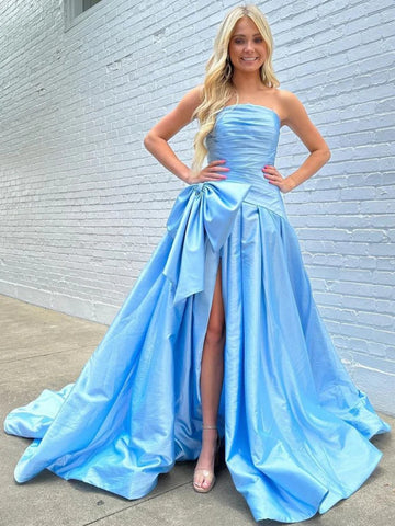 Strapless Blue Satin Long Prom Dresses with Bow, Blue Satin Long Formal Evening Dresses