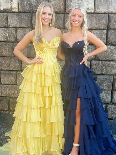 Strapless Blue Yellow Layered Long Prom Dresses, Sweetheart Neck Blue Yellow Layered Lace Formal Evening Dresses