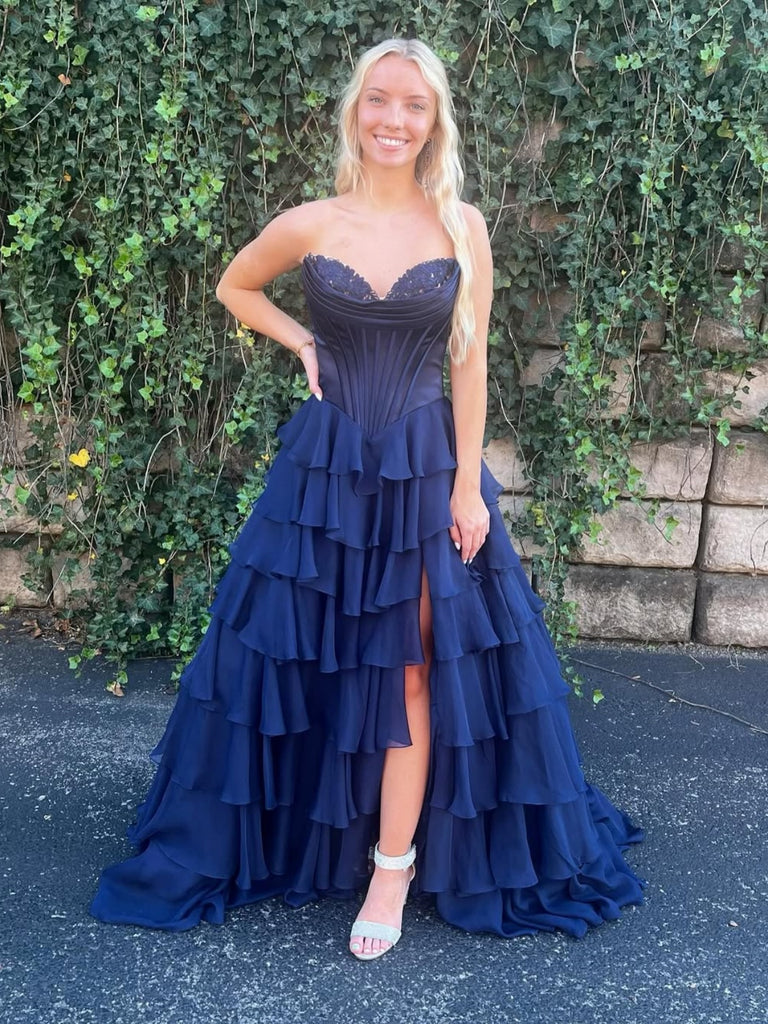 Strapless Blue Yellow Layered Long Prom Dresses, Sweetheart Neck Blue jbydress Strapless Blue Yellow Layered Long Prom Dresses, Sweetheart Neck Blue jbydress