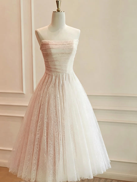 Strapless Blush Pink Lace Midi Wedding Dress, Pink Tea Length Lace Prom Dresses, Bridal Gowns