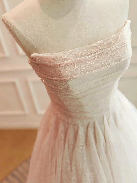Strapless Blush Pink Lace Midi Wedding Dress, Pink Tea Length Lace Prom Dresses, Bridal Gowns