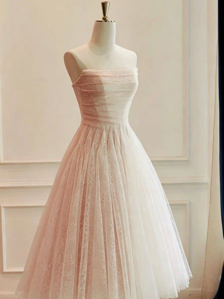 Strapless Blush Pink Lace Midi Wedding Dress, Pink Tea Length Lace Prom Dresses, Bridal Gowns