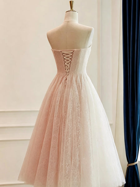 Strapless Blush Pink Lace Midi Wedding Dress, Pink Tea Length Lace Prom Dresses, Bridal Gowns