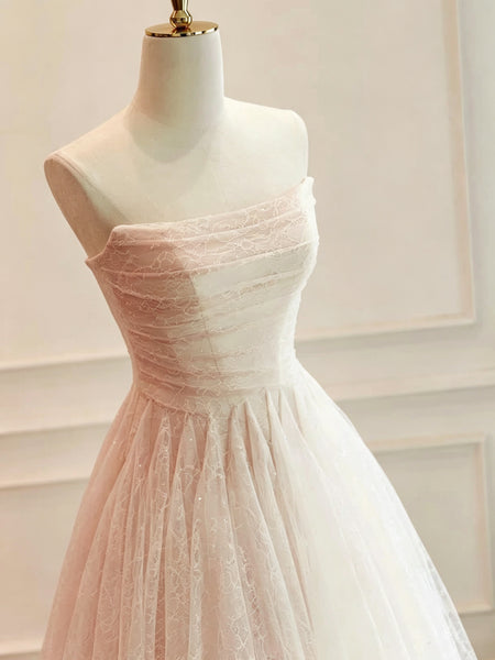 Strapless Blush Pink Lace Midi Wedding Dress, Pink Tea Length Lace Prom Dresses, Bridal Gowns