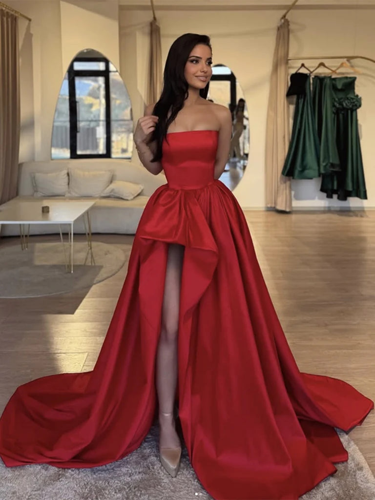 Strapless Burgundy Long Satin Prom Dresses, Wine Red High Low Formal E jbydress Strapless Burgundy Long Satin Prom Dresses, Wine Red High Low Formal E jbydress