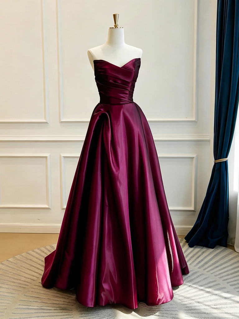 Strapless Burgundy Satin Prom Dresses, Sweetheart Neck Formal Evening Dress, A Line Pleated Waist Wedding Guest Gown