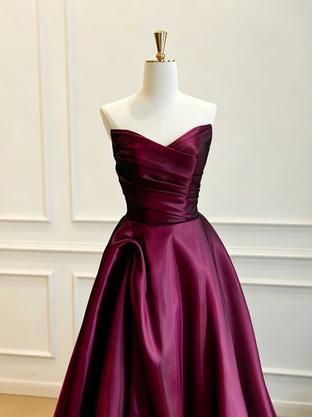 Strapless Burgundy Satin Prom Dresses, Sweetheart Neck Formal Evening Dress, A Line Pleated Waist Wedding Guest Gown