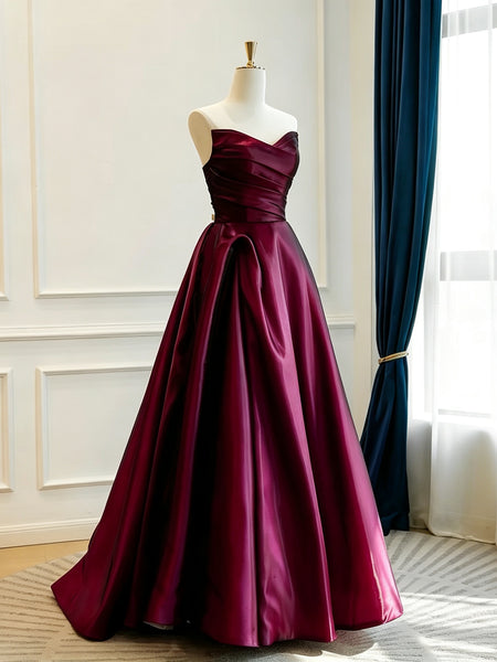 Strapless Burgundy Satin Prom Dresses, Sweetheart Neck Formal Evening Dress, A Line Pleated Waist Wedding Guest Gown