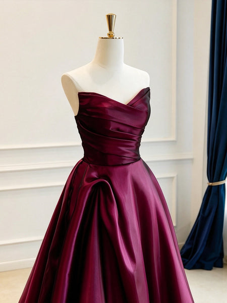 Strapless Burgundy Satin Prom Dresses, Sweetheart Neck Formal Evening Dress, A Line Pleated Waist Wedding Guest Gown