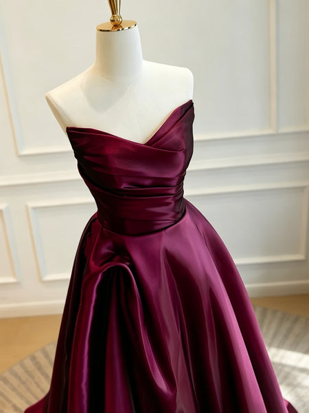 Strapless Burgundy Satin Prom Dresses, Sweetheart Neck Formal Evening Dress, A Line Pleated Waist Wedding Guest Gown