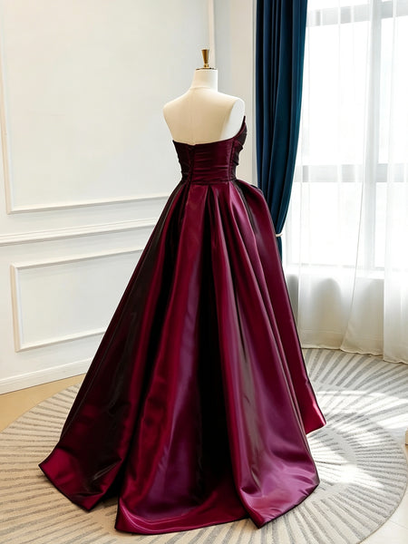 Strapless Burgundy Satin Prom Dresses, Sweetheart Neck Formal Evening Dress, A Line Pleated Waist Wedding Guest Gown