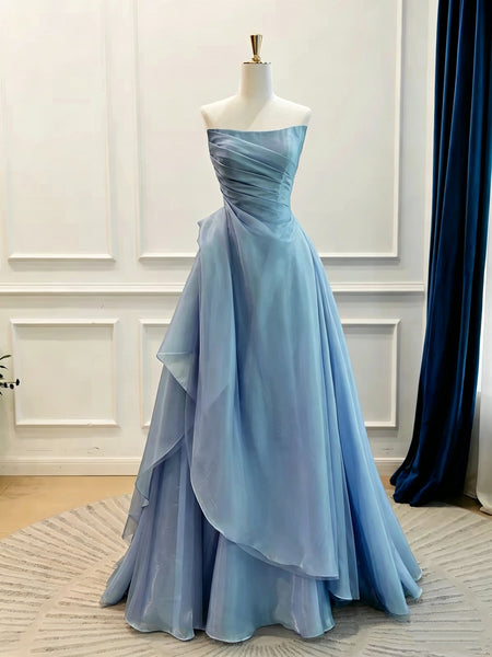Strapless Dusty Blue Organza Prom Dress, Draped Bodice A Line Floor Length Formal Evening Dresses