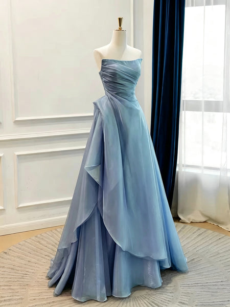 Strapless Dusty Blue Organza Prom Dress, Draped Bodice A Line Floor Length Formal Evening Dresses
