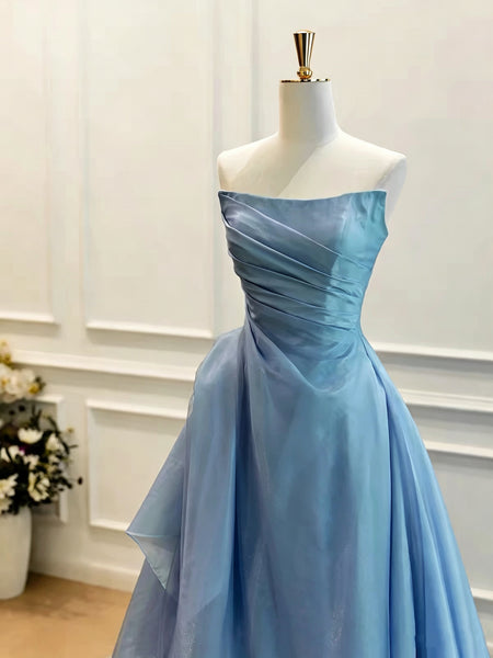 Strapless Dusty Blue Organza Prom Dress, Draped Bodice A Line Floor Length Formal Evening Dresses