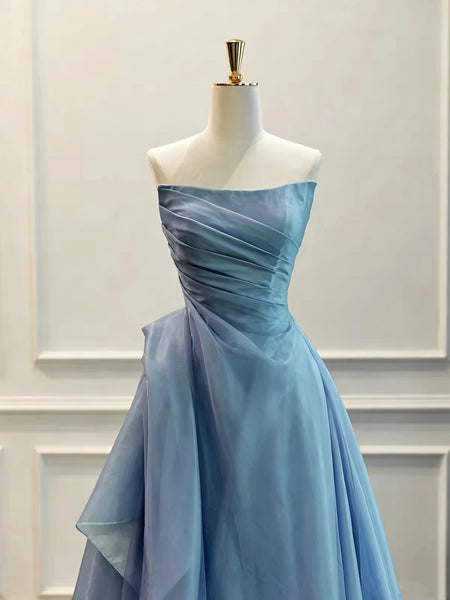 Strapless Dusty Blue Organza Prom Dress, Draped Bodice A Line Floor Length Formal Evening Dresses