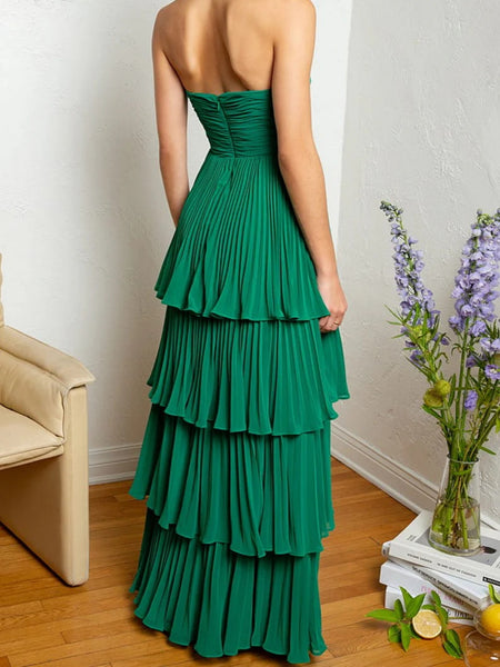 Strapless Emerald Green Yellow Pink Black Multi Layered Long Prom Dresses, Multi Layered Long Formal Evening Dresses