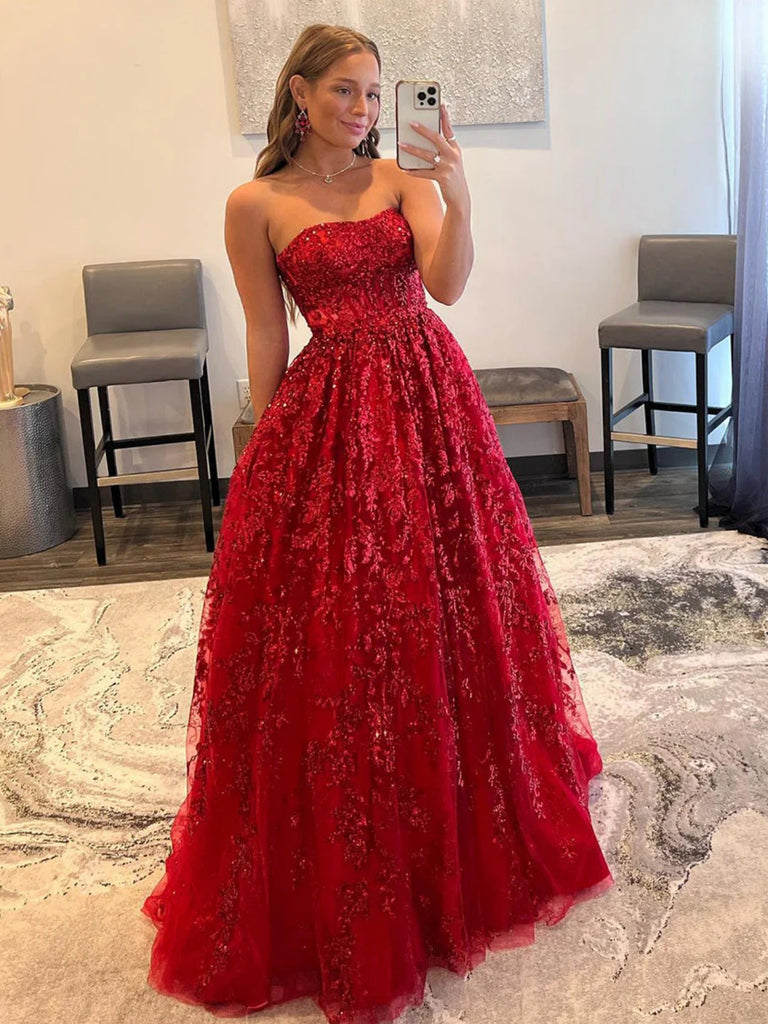 Strapless Glitter Burgundy Lace Prom Dresses, Wine Red Glitter Lace Formal Evening Dresses