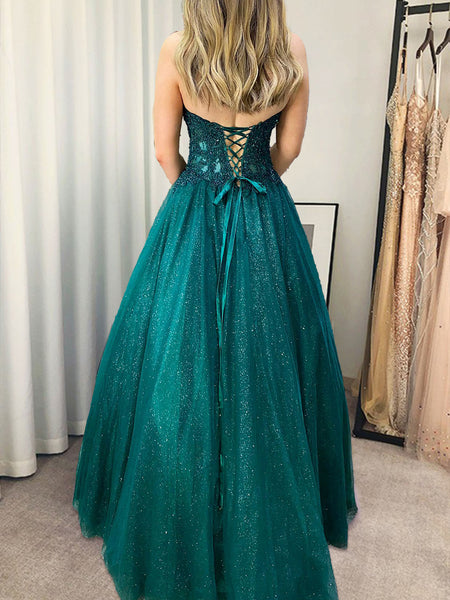 Strapless Green Blue Lace Long Prom Dresses, Green Blue Long Lace Formal Evening Dresses