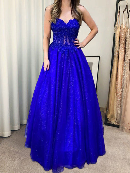 Strapless Green Blue Lace Long Prom Dresses, Green Blue Long Lace Formal Evening Dresses
