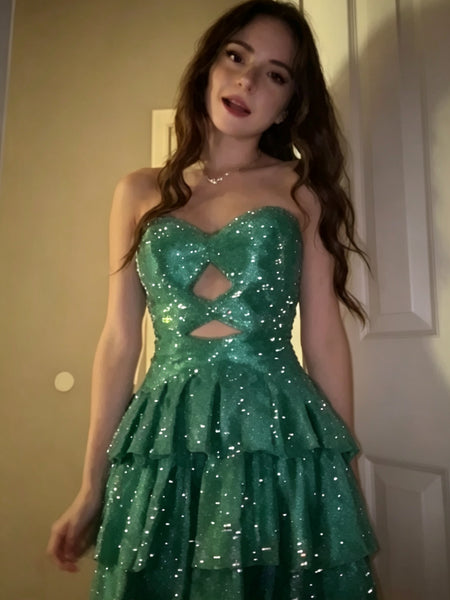 Strapless Green Sequin Homecoming Dress, Tiered Ruffle Short Green Prom Dress