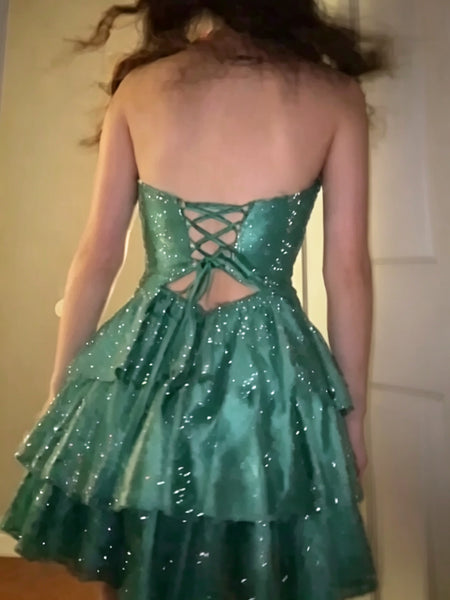 Strapless Green Sequin Homecoming Dress, Tiered Ruffle Short Green Prom Dress