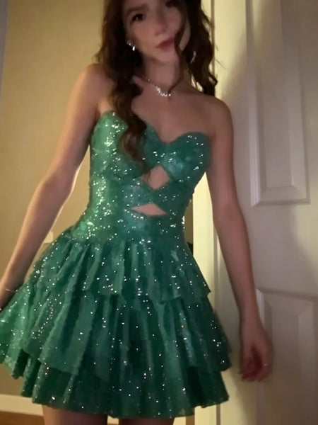 Strapless Green Sequin Homecoming Dress, Tiered Ruffle Short Green Prom Dress