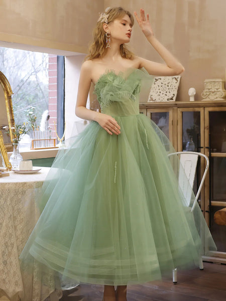 Strapless Green Tea Length Prom Dresses, Green Tea Length Formal Homec