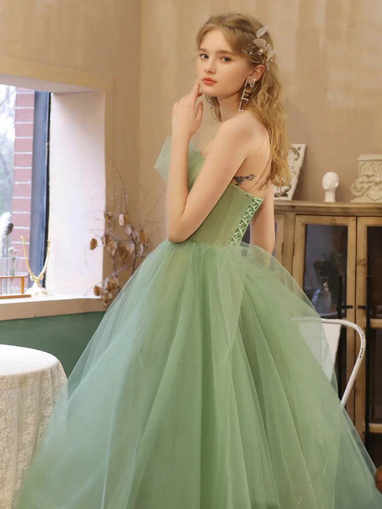 Strapless Green Tea Length Prom Dresses, Green Tea Length Formal Homecoming Dresses